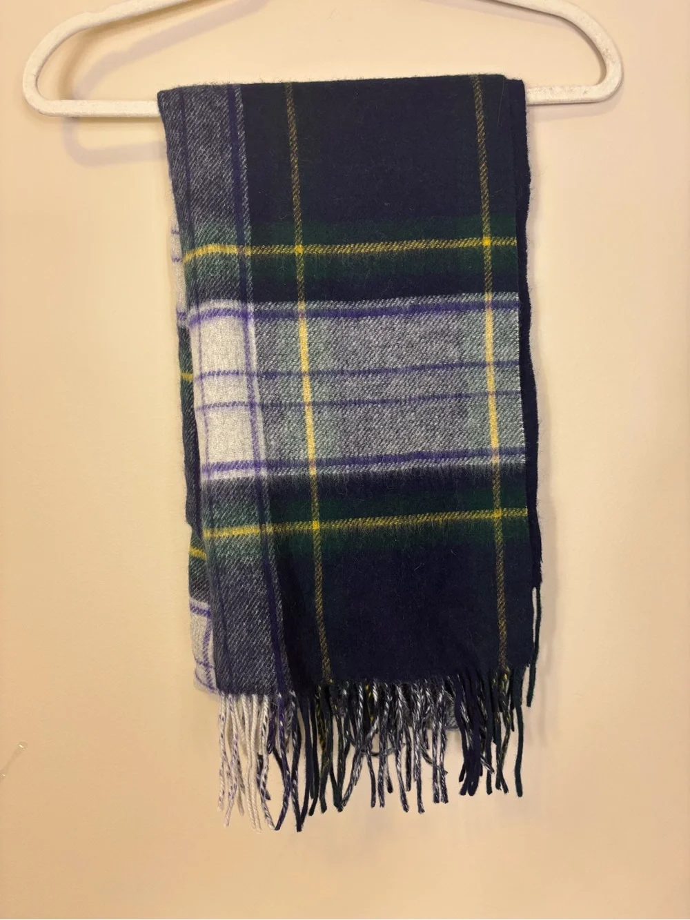 J. Crew Plaid Fringe Blanket Scarf in Navy, Green and Yellow Wool Blend